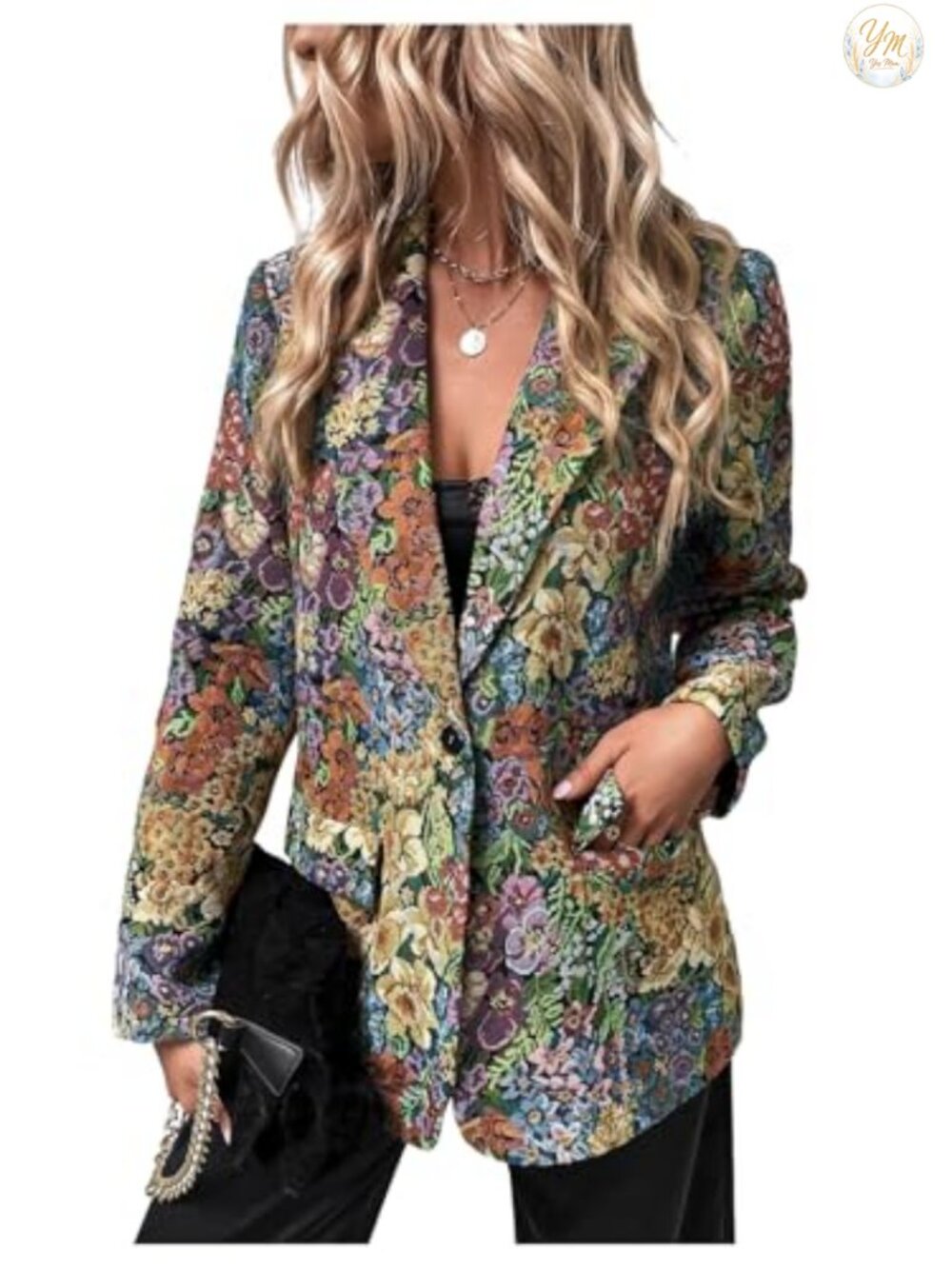 Graphic Print Blazer Suit Jacket - Long Sleeve Notch Collar Padded Shoulder